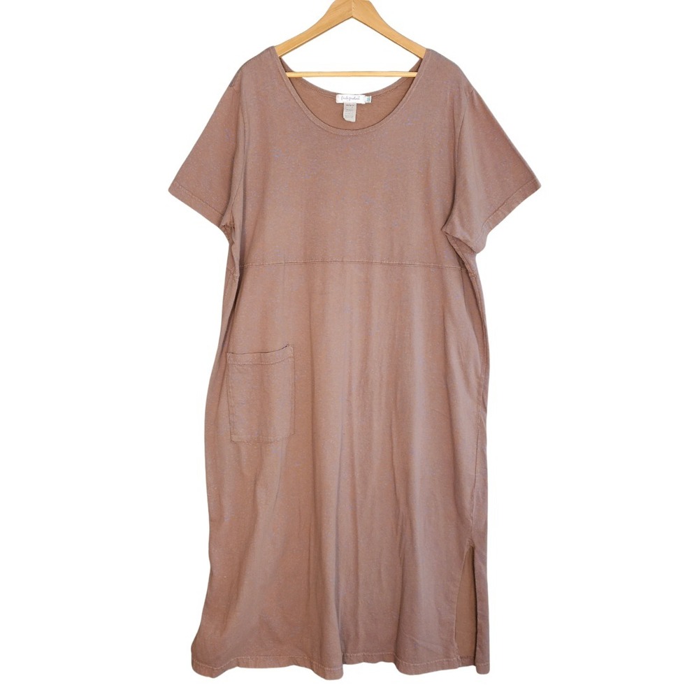 Fresh Produce Maxi Dress 2X Brown Blue Cotton Pockets USA Made Short Sleeve